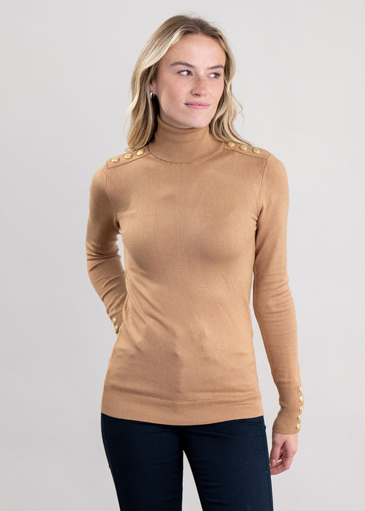 Buttoned Knit Roll Neck - Dark Camel - 1