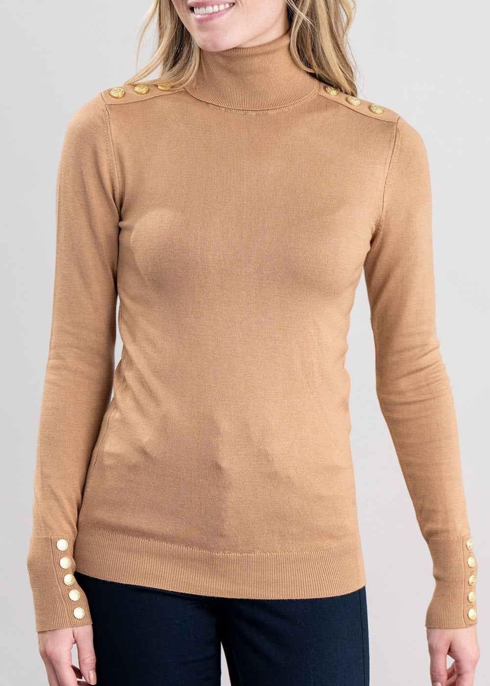 Buttoned Knit Roll Neck - Dark Camel - 3