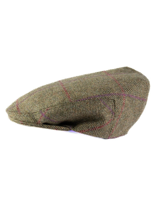 Lowick Tweed Cap - Olive Herringbone with Red and Aubergine Overcheck - 1