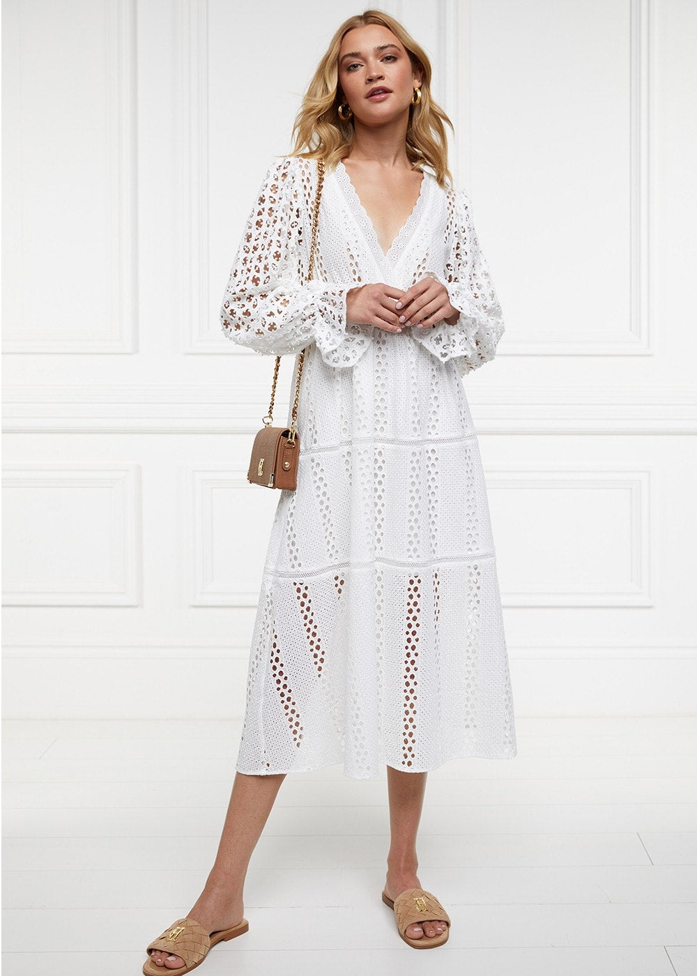 Broderie Lace V-Neck Midi Dress - White - 1