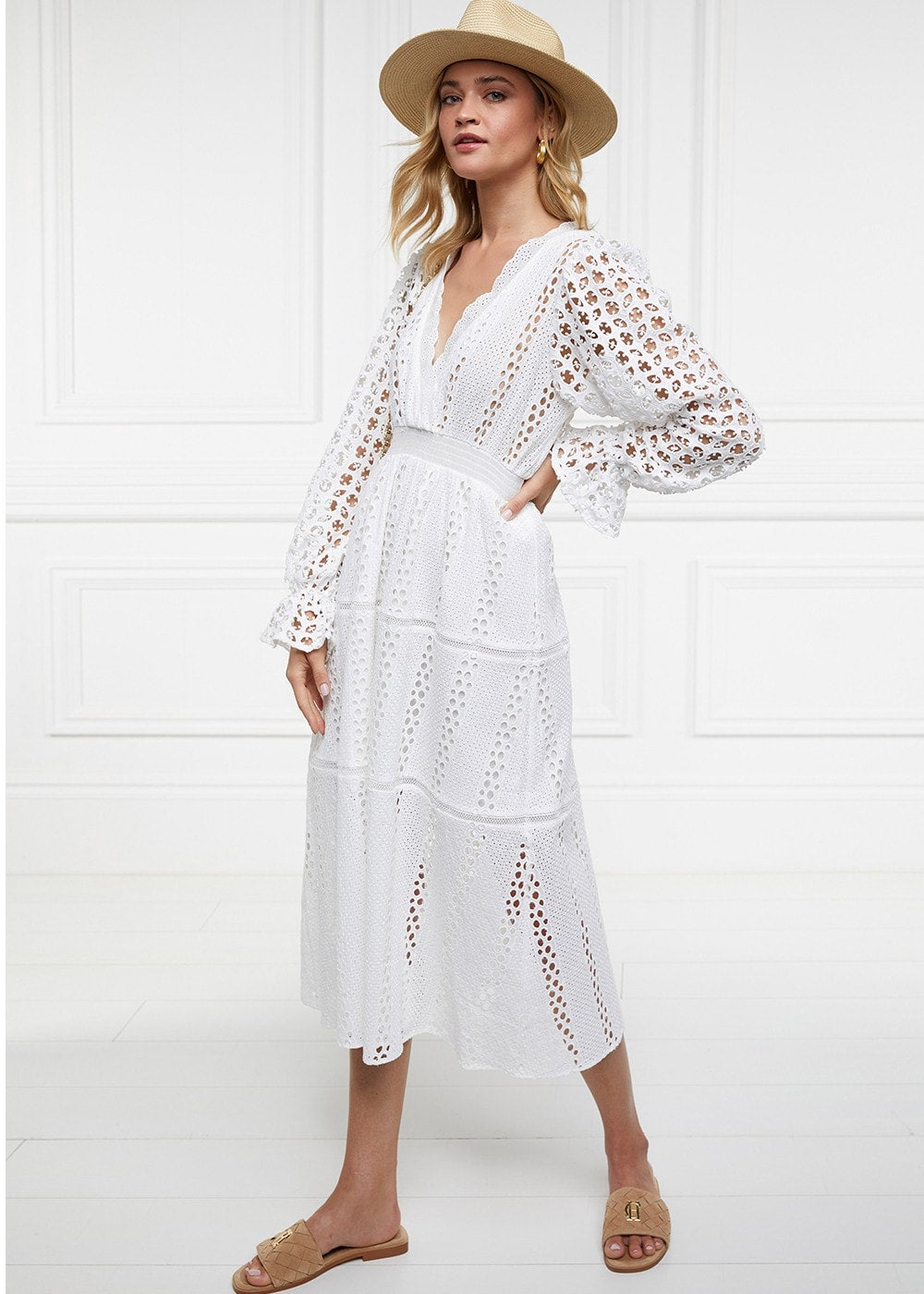 Broderie Lace V-Neck Midi Dress - White - 3