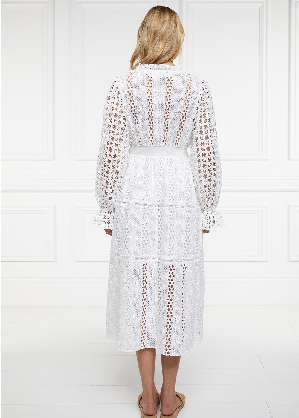 Broderie Lace V-Neck Midi Dress - White - 4