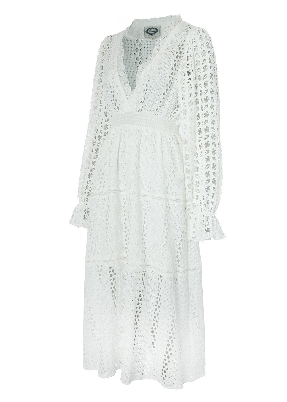 Broderie Lace V-Neck Midi Dress - White - 7