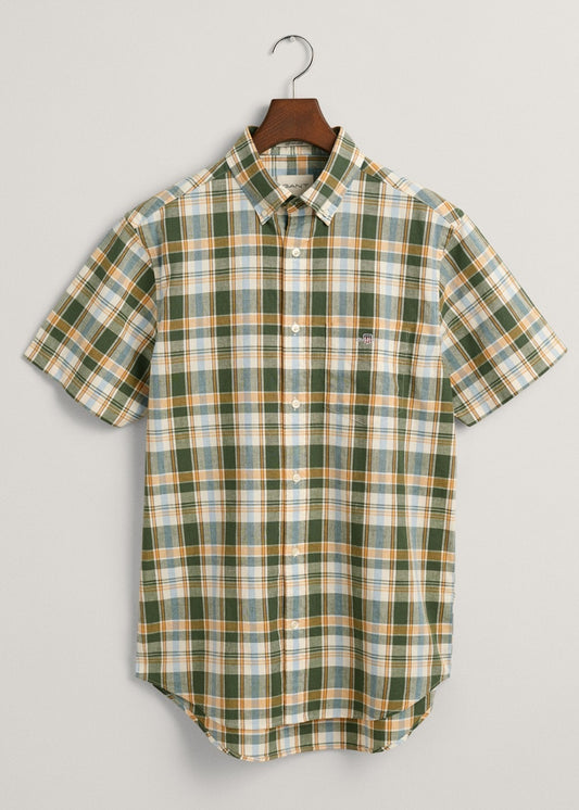 Linen Short Sleeved Check Shirt - Pine Green - 1