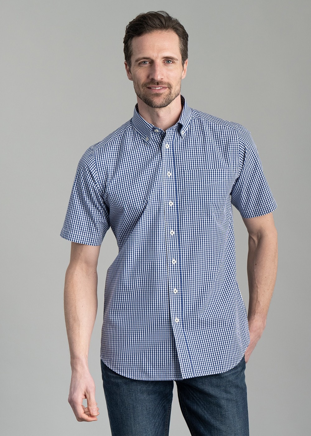 Julian Short Sleeve Gingham Shirt - Navy - 1