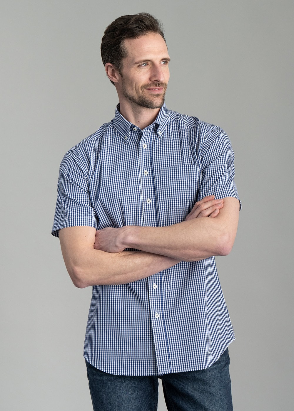 Julian Short Sleeve Gingham Shirt - Navy - 3