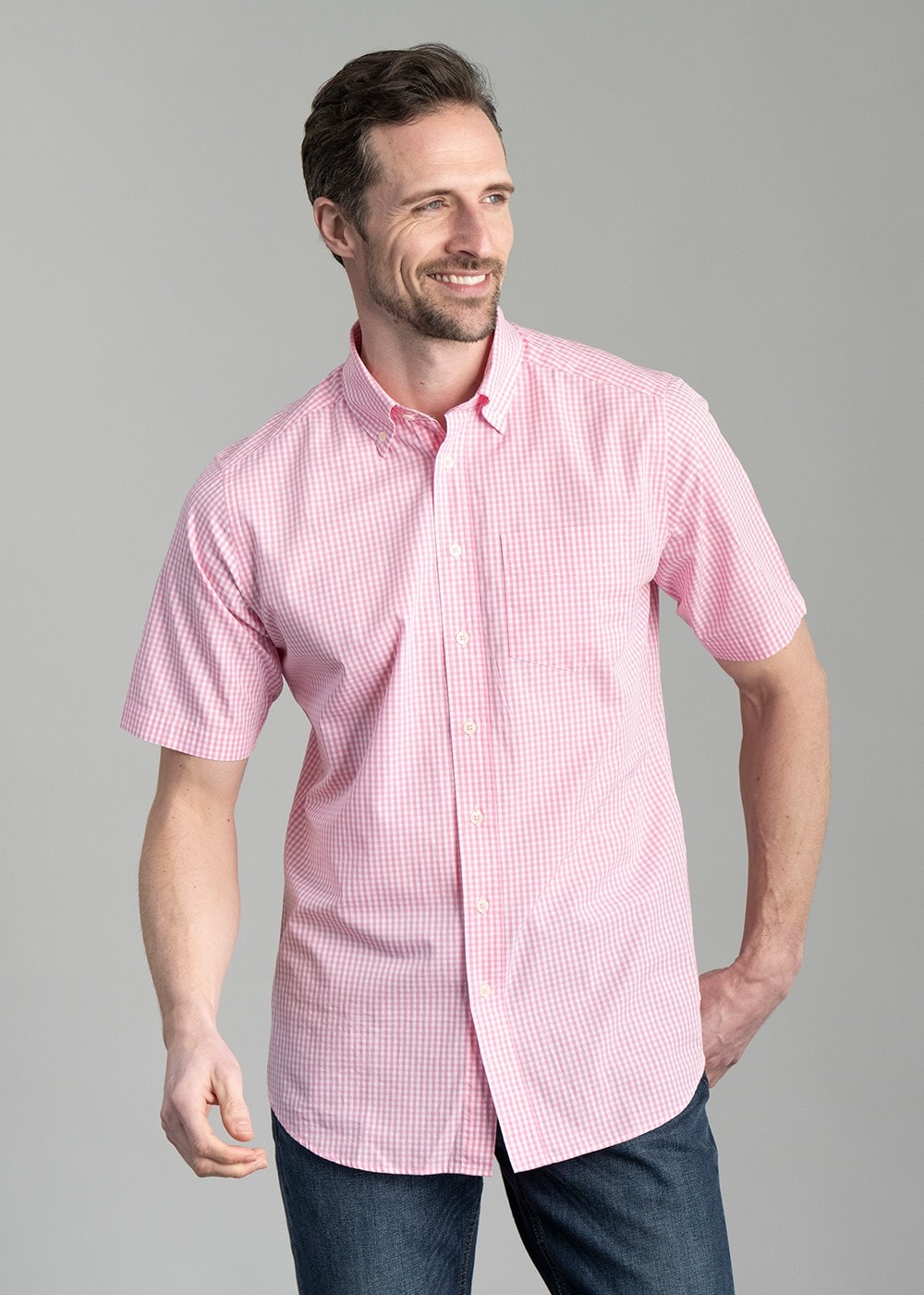 Julian Short Sleeve Gingham Shirt - Pink - 1