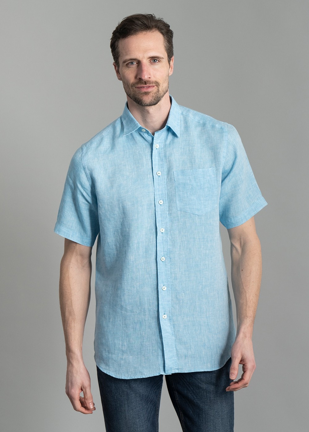 Oscar Short Sleeve Linen Shirt - Aqua Blue - 1