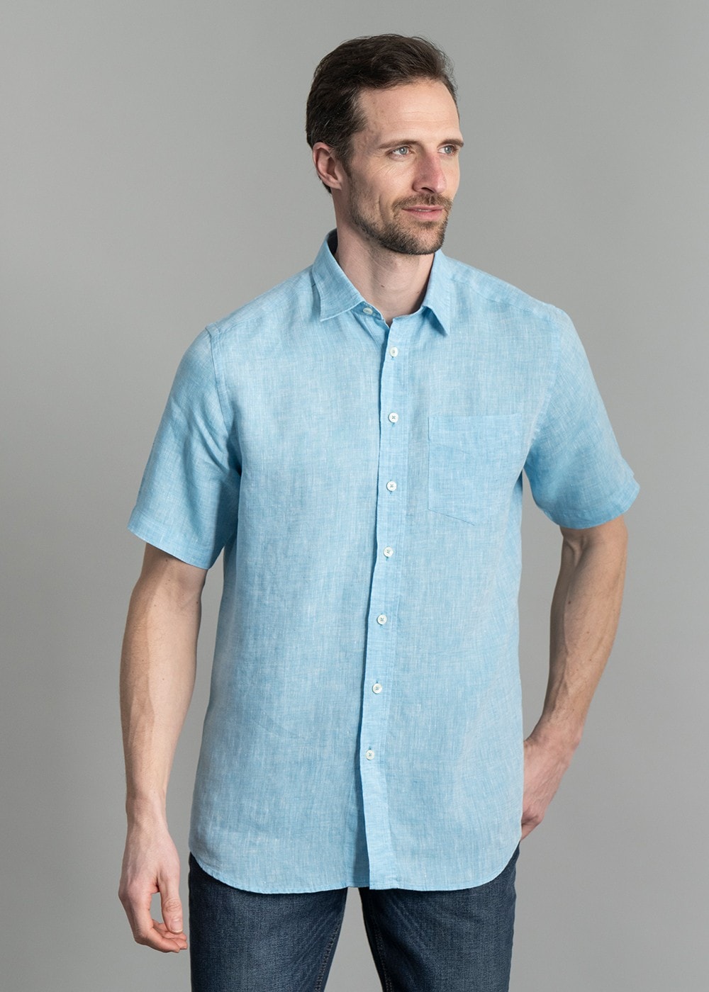 Oscar Short Sleeve Linen Shirt - Aqua Blue - 2