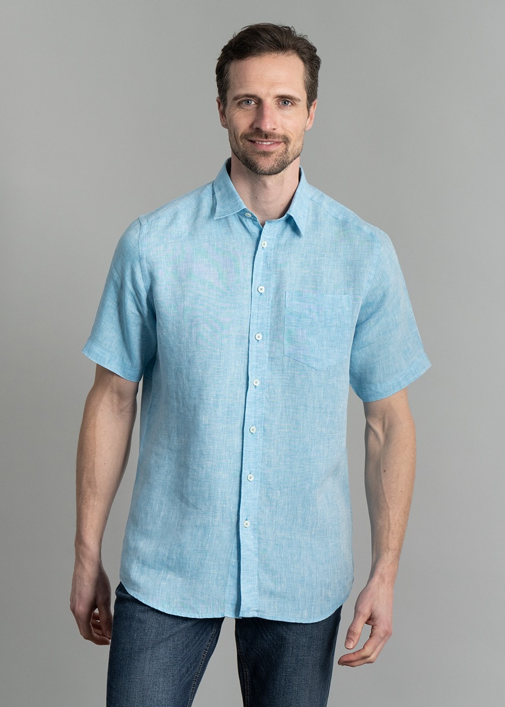 Oscar Short Sleeve Linen Shirt - Aqua Blue - 3