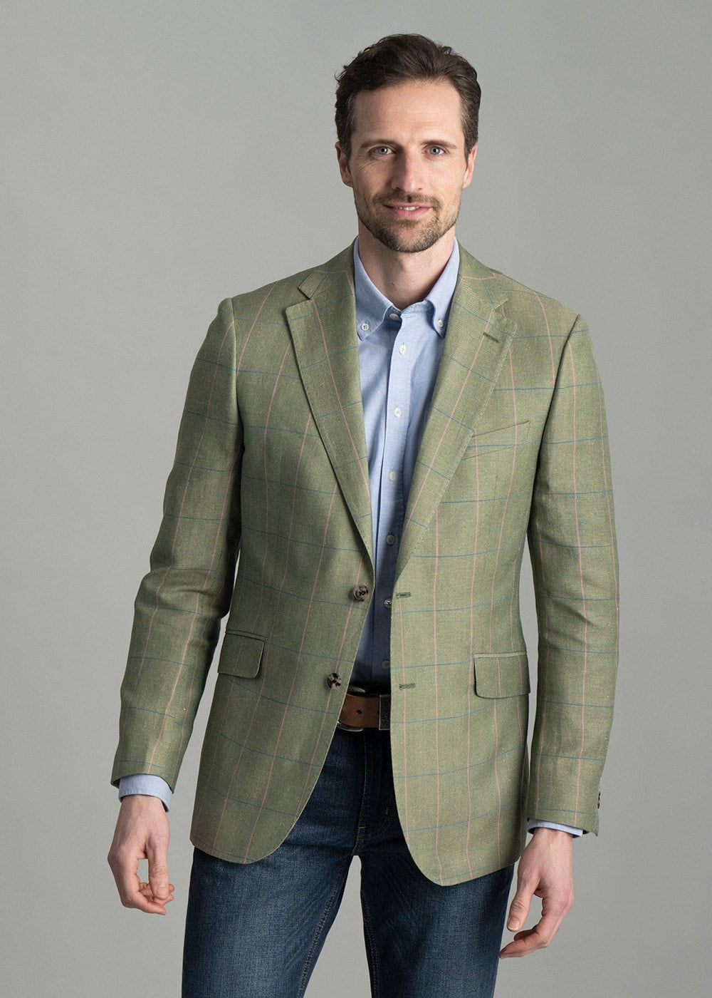 Powburn Tweed Jacket - Green Herringbone with Sky and Pink Check - 1