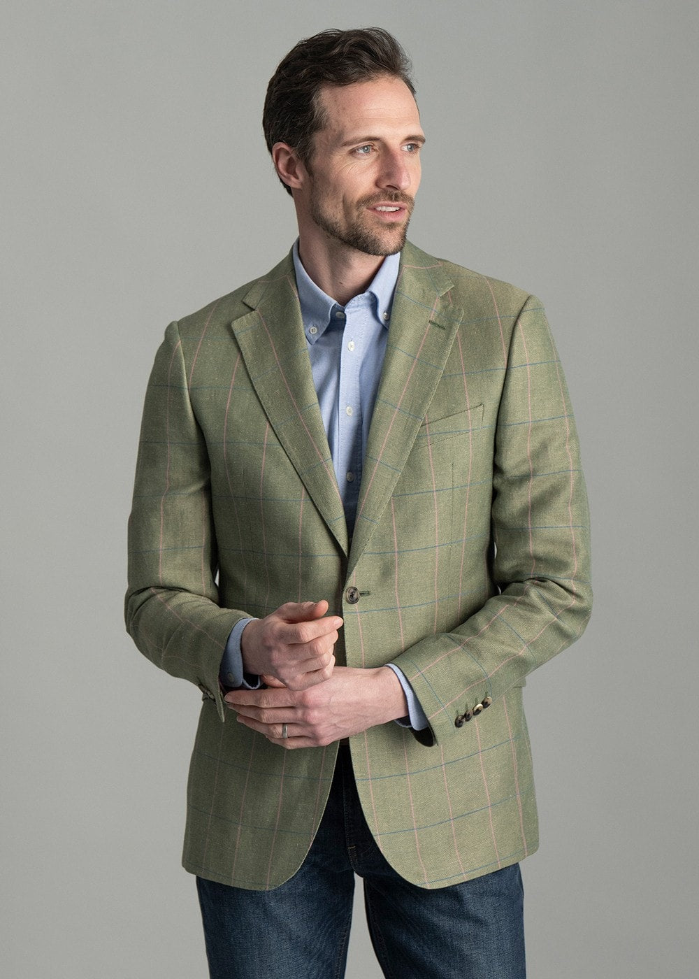 Powburn Tweed Jacket - Green Herringbone with Sky and Pink Check - 2