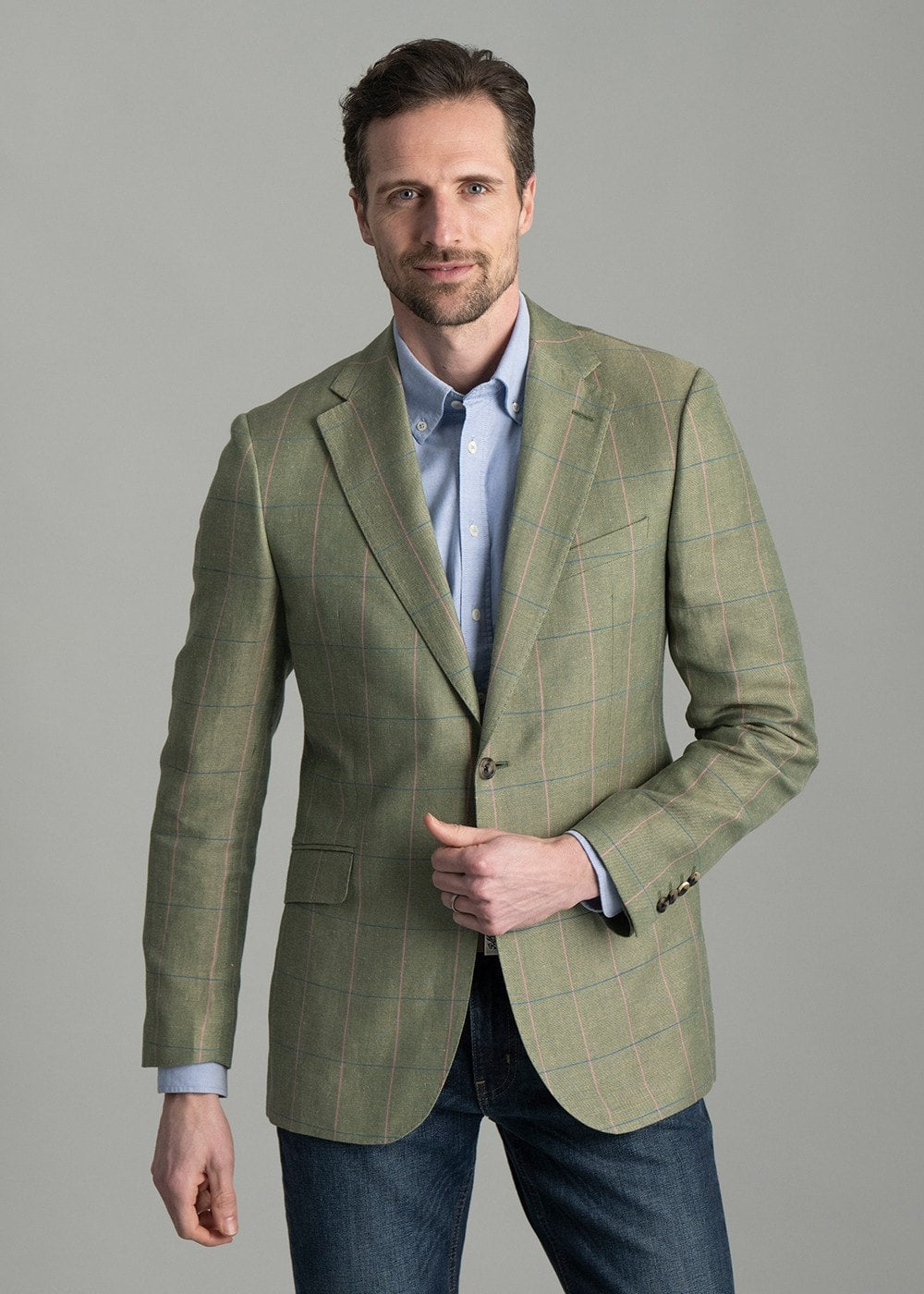 Powburn Tweed Jacket - Green Herringbone with Sky and Pink Check - 3