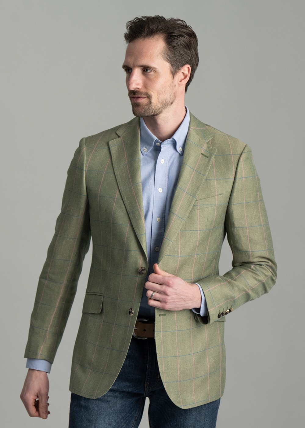 Powburn Tweed Jacket - Green Herringbone with Sky and Pink Check - 4