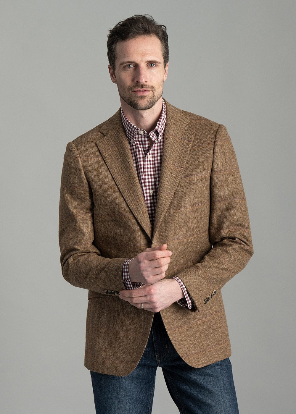 Milfield Tweed Jacket - Brown Herringbone with Purple and Green Overcheck - 2