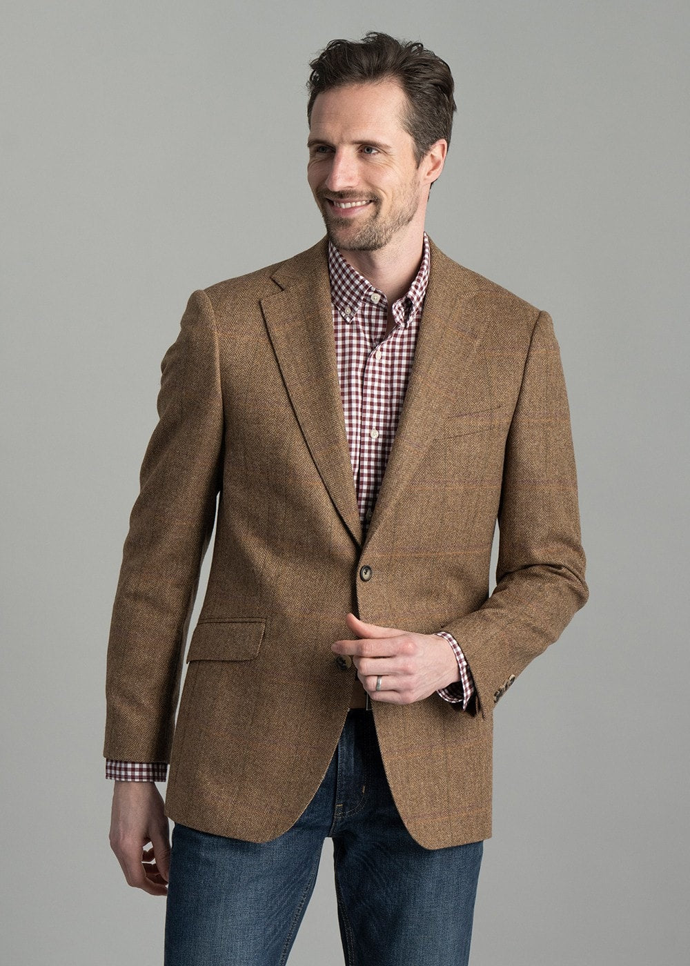 Milfield Tweed Jacket - Brown Herringbone with Purple and Green Overcheck - 3