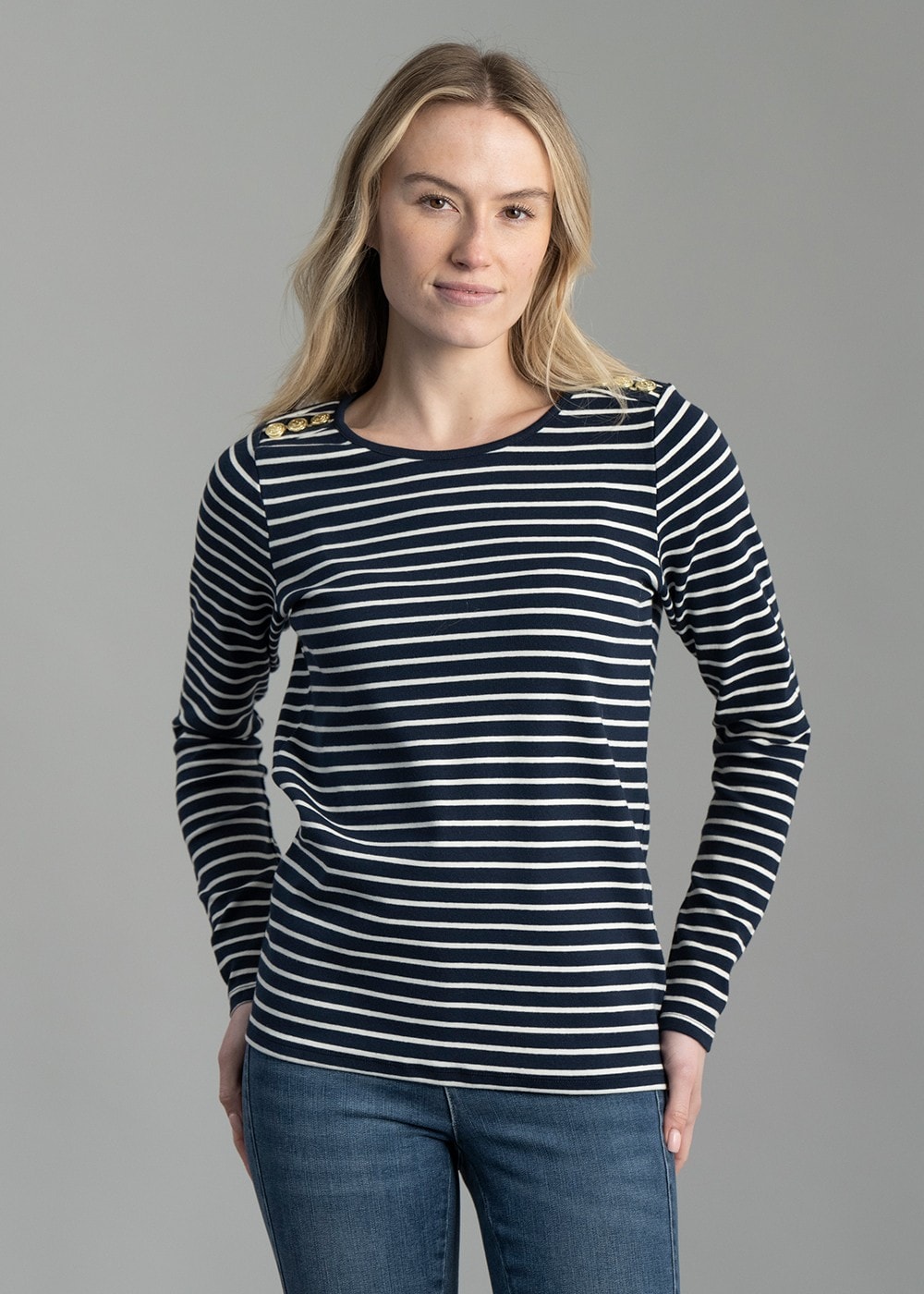 Padstow Long Sleeve Crew Neck T-Shirt - Ink Navy and Natural Stripe - 1