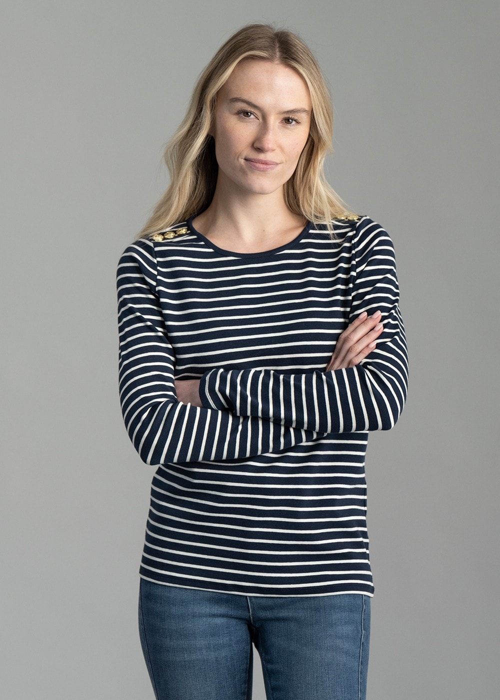 Padstow Long Sleeve Crew Neck T-Shirt - Ink Navy and Natural Stripe - 2