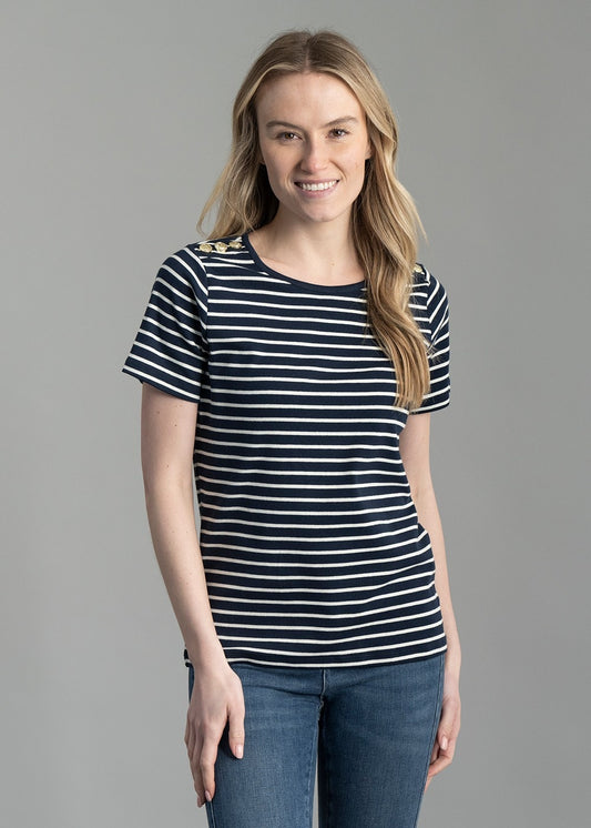 Padstow Crew Neck T-Shirt - Ink Navy and Natural Stripe - 1