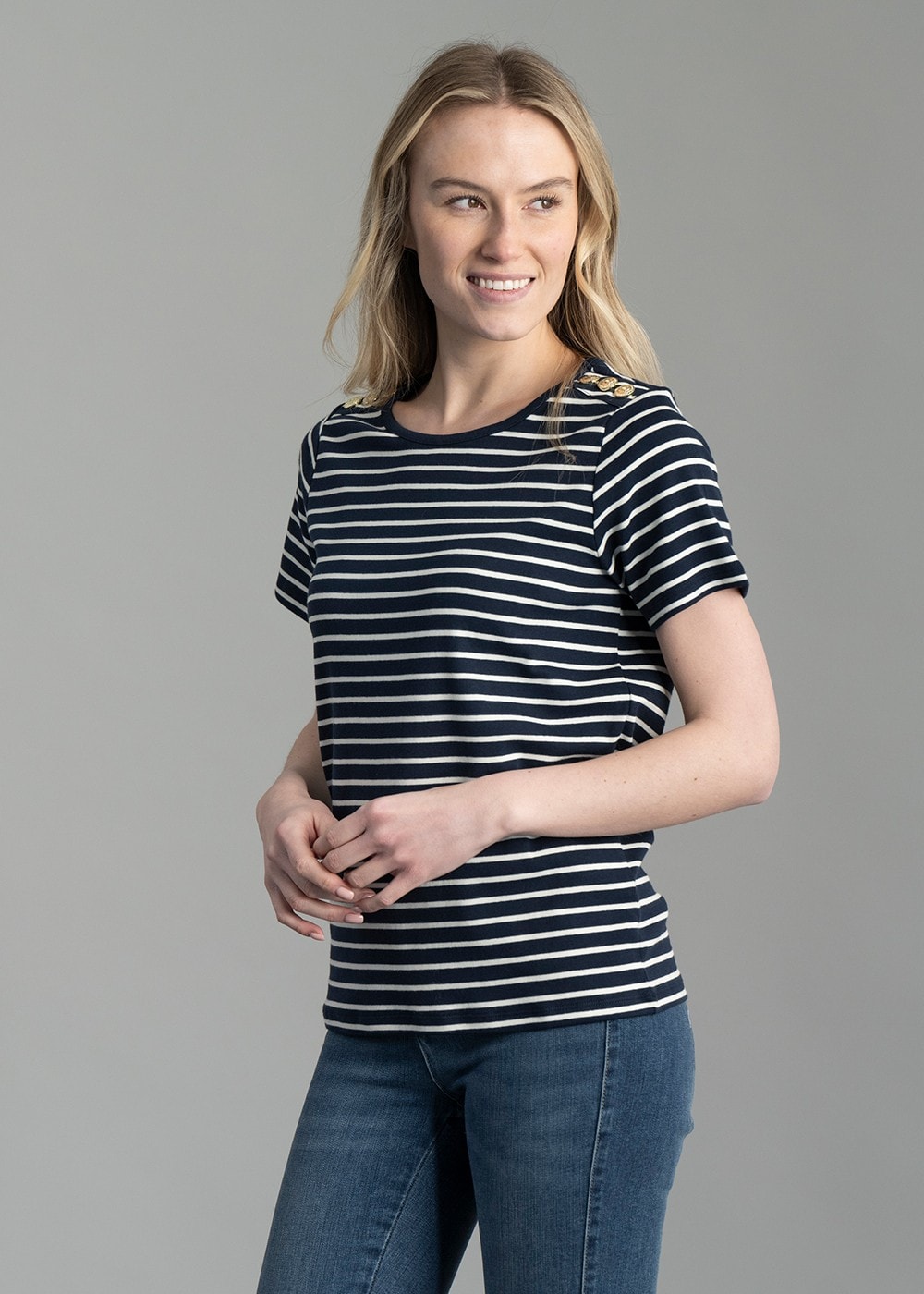 Padstow Crew Neck T-Shirt - Ink Navy and Natural Stripe - 2