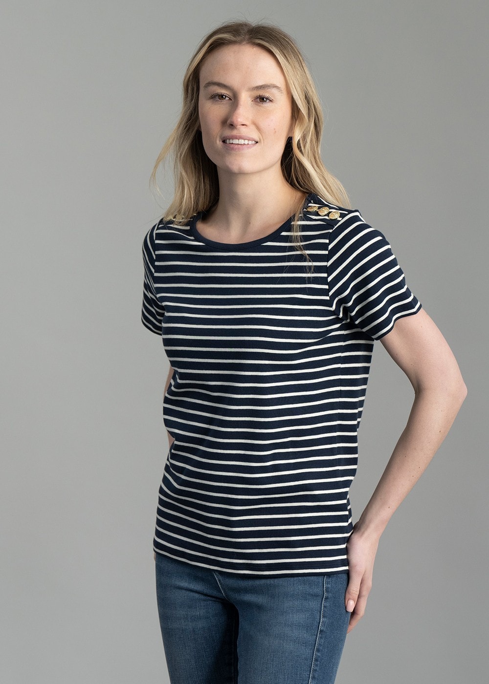 Padstow Crew Neck T-Shirt - Ink Navy and Natural Stripe - 3