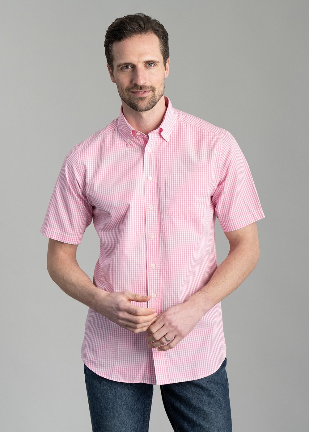 Julian Short Sleeve Gingham Shirt - Pink - 2