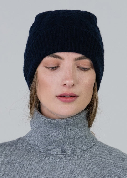 Cashmere Cable Hat - Navy - 1