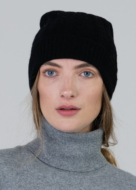 Cashmere Cable Hat - Black - 1