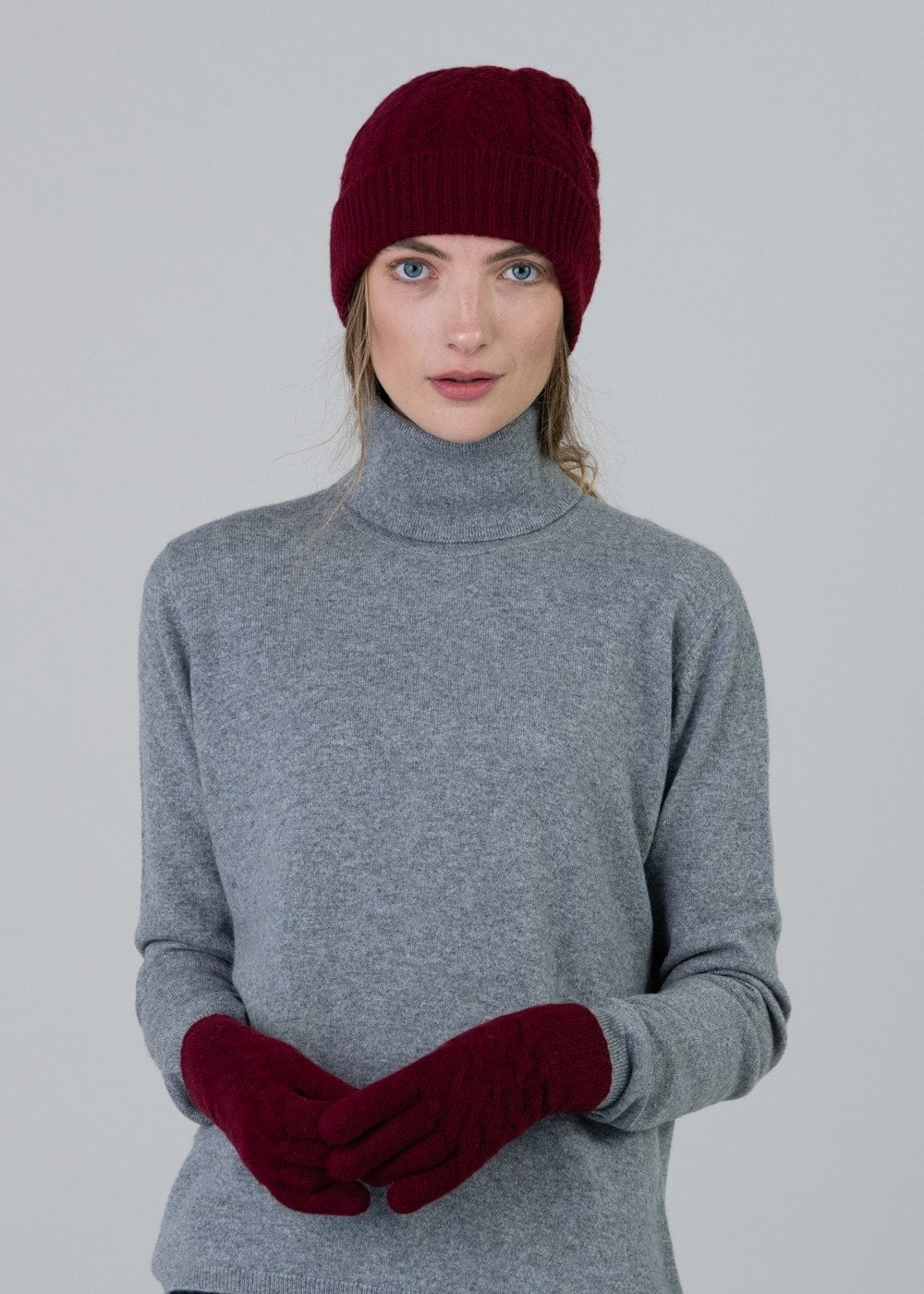 Cashmere Cable Gloves - Claret - 1