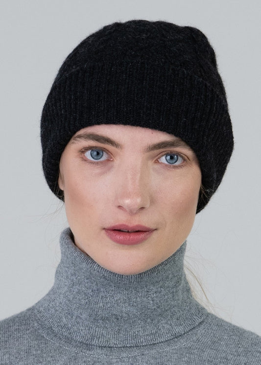 Cashmere Ribbed Hat - Black - 1