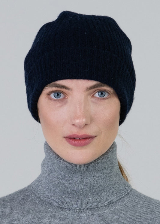 Cashmere Ribbed Hat - Navy - 1