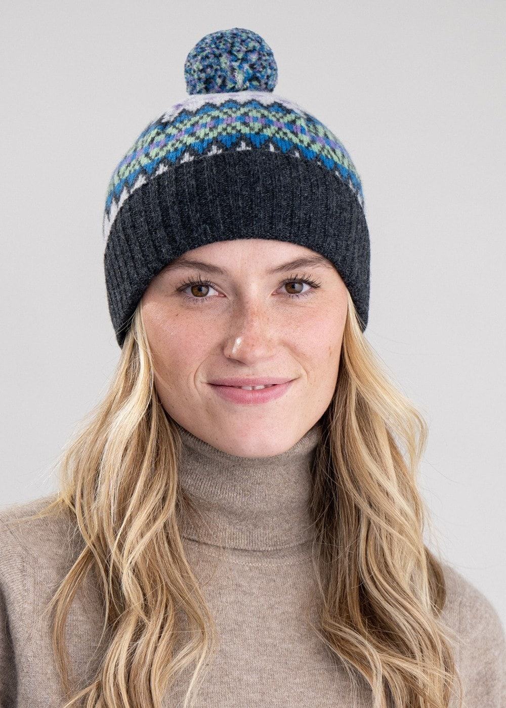 Hattie Lambswool Bobble Beanie - Smoke - 1