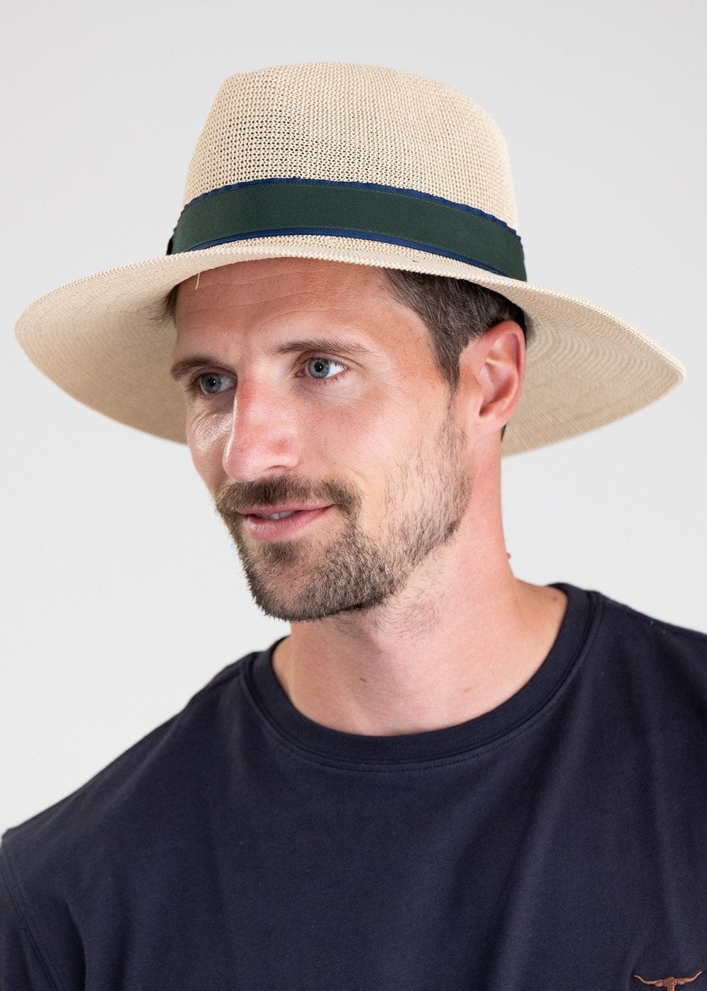 Porth Panama Hat - Navy and Green Stripe - 1