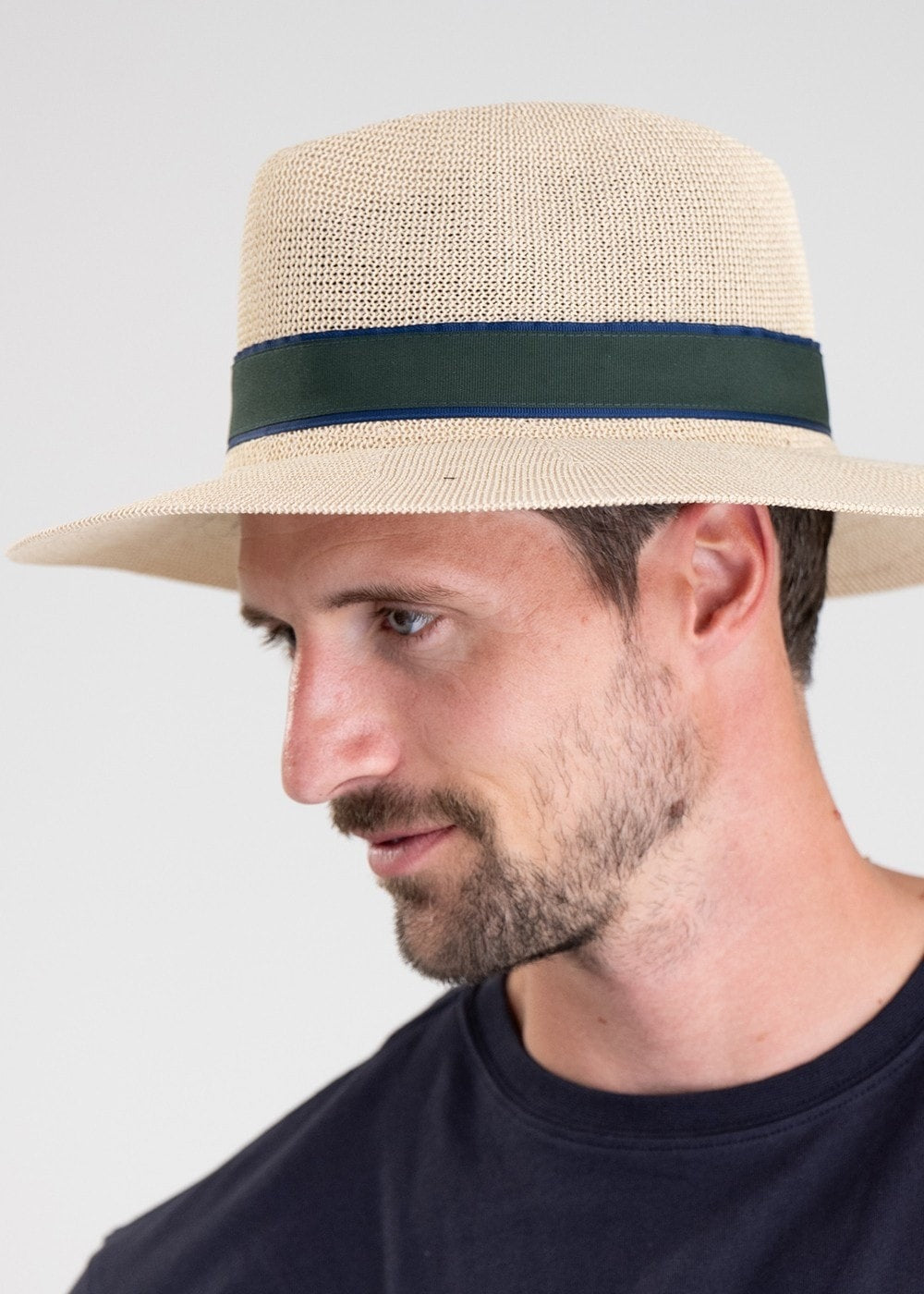 Porth Panama Hat - Navy and Green Stripe - 3