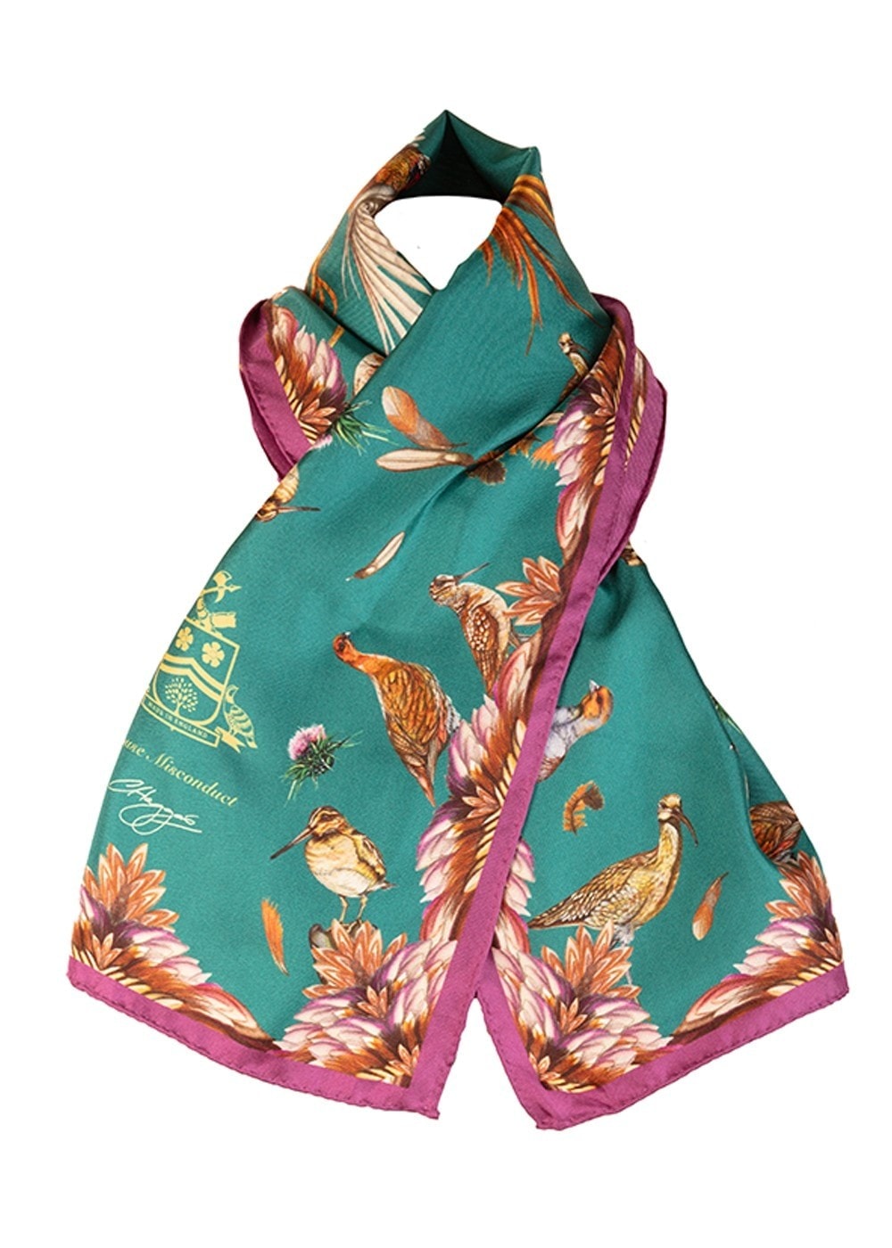 Grouse Misconduct Narrow Silk Scarf - Teal and Aubergine - 1