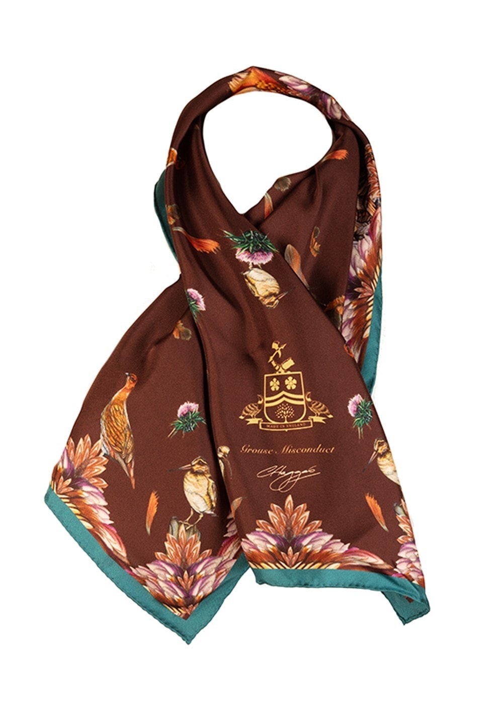 Grouse Misconduct Narrow Silk Scarf - Chocolate and Teal - 1