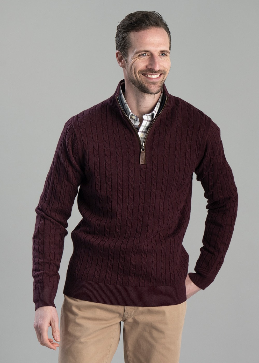 Calton Cotton Cashmere Cable 1/4 Zip Jumper - Wine - 1