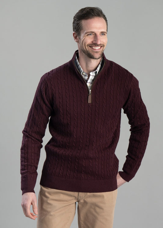 Calton Cotton Cashmere Cable 1/4 Zip Jumper - Wine - 1