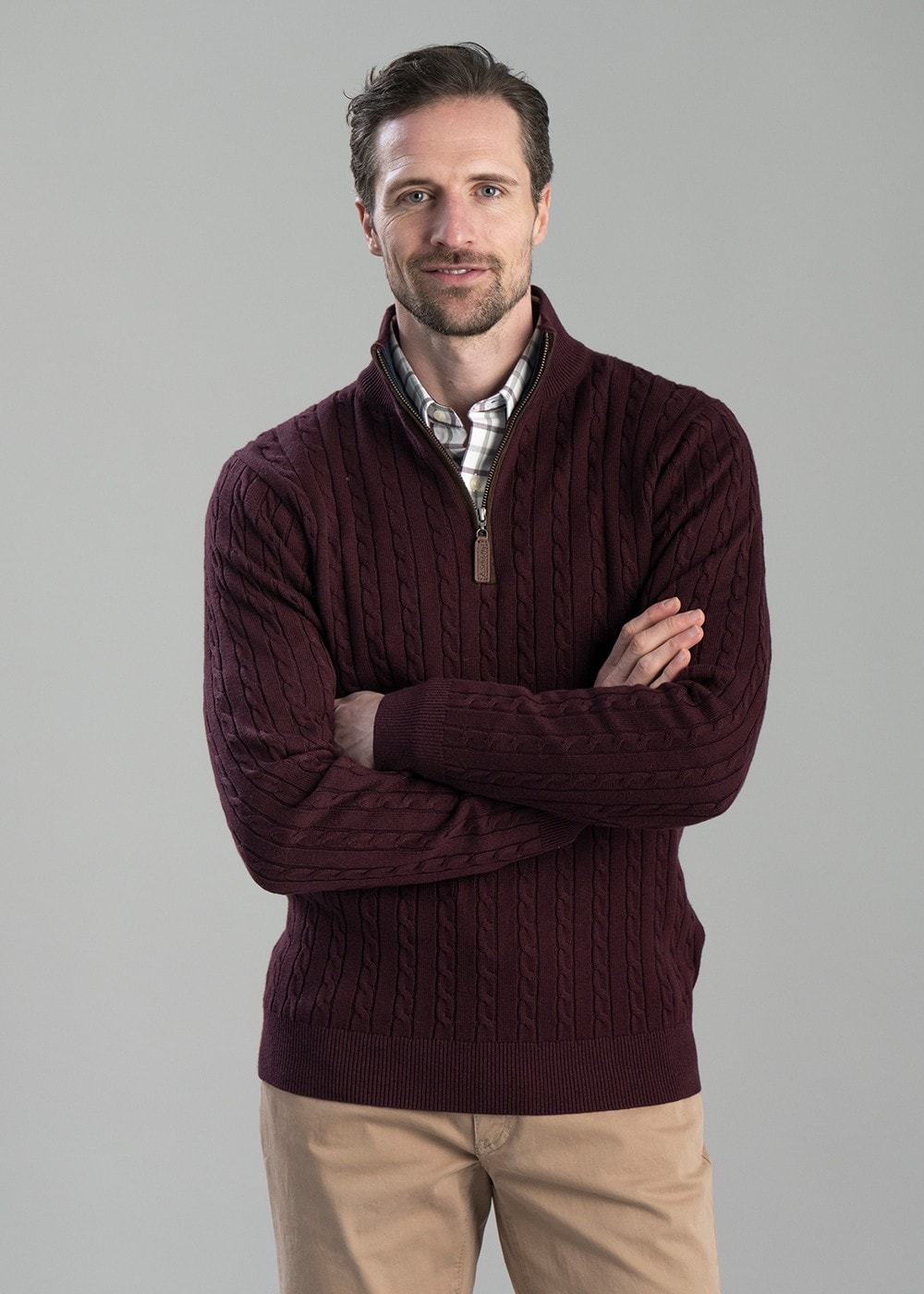 Calton Cotton Cashmere Cable 1/4 Zip Jumper - Wine - 5