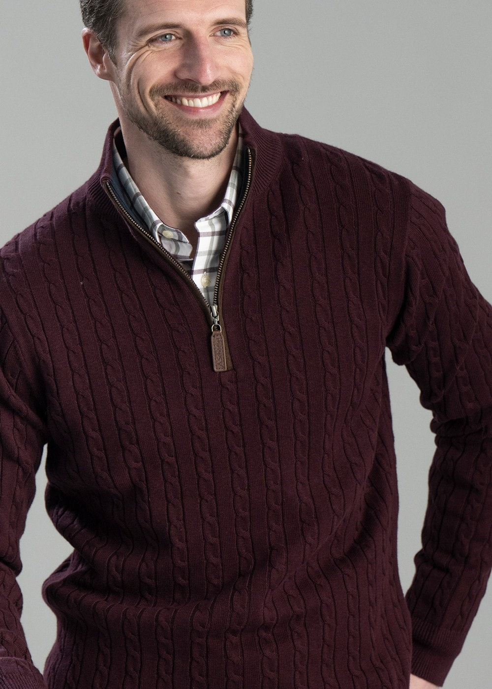 Calton Cotton Cashmere Cable 1/4 Zip Jumper - Wine - 6