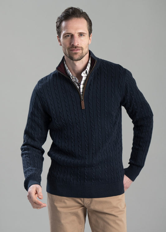 Calton Cotton Cashmere Cable 1/4 Zip Jumper - Petrol Blue - 1