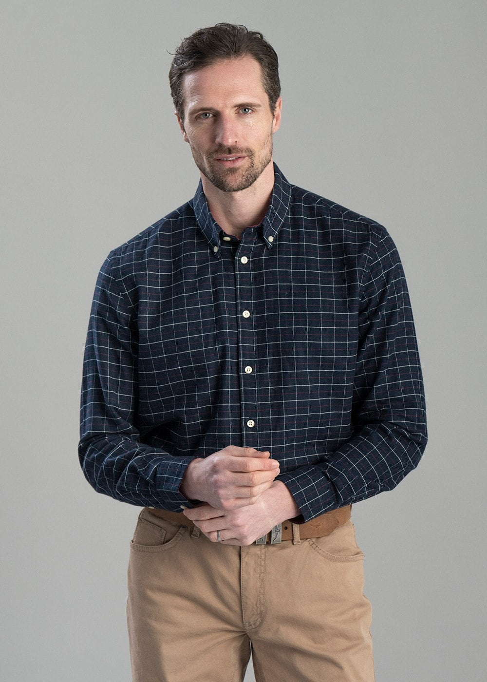 Aldeburgh Tailored Shirt - Navy, Red and Ecru Check - 2