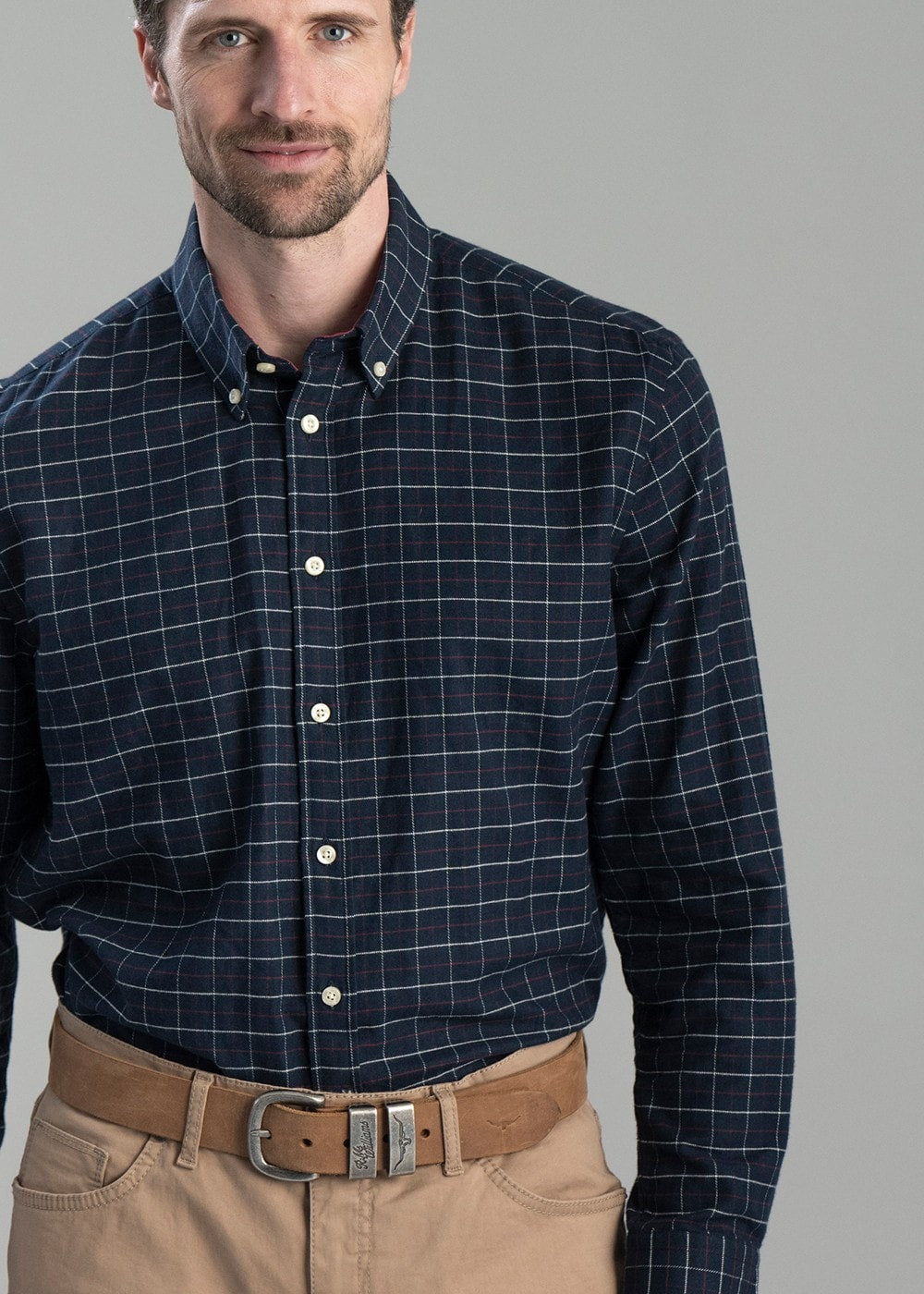 Aldeburgh Tailored Shirt - Navy, Red and Ecru Check - 5