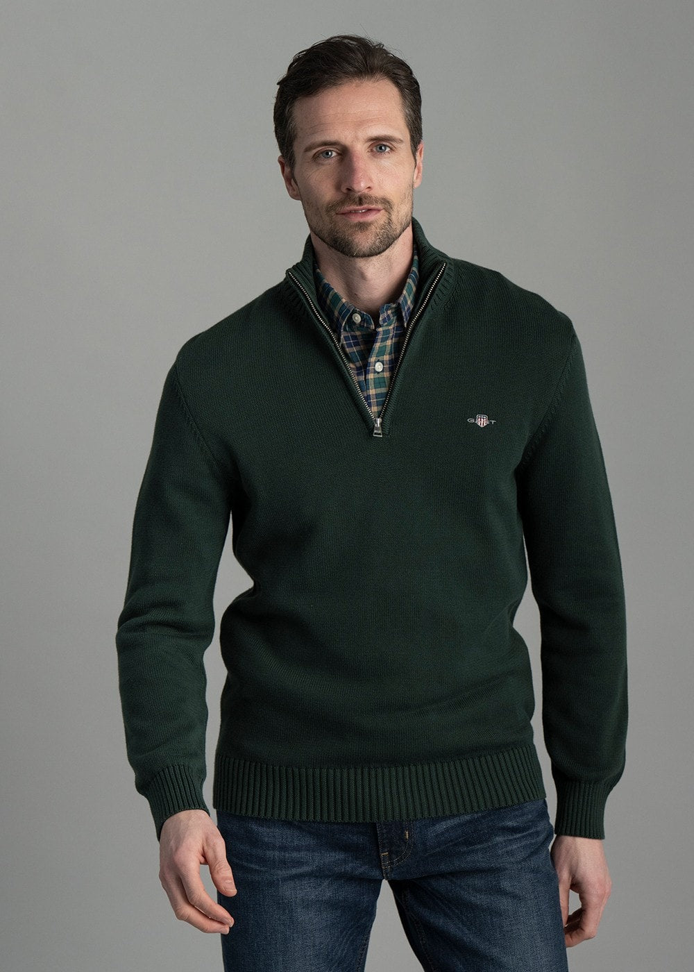 Casual Cotton Half Zip - Tartan Green - 1