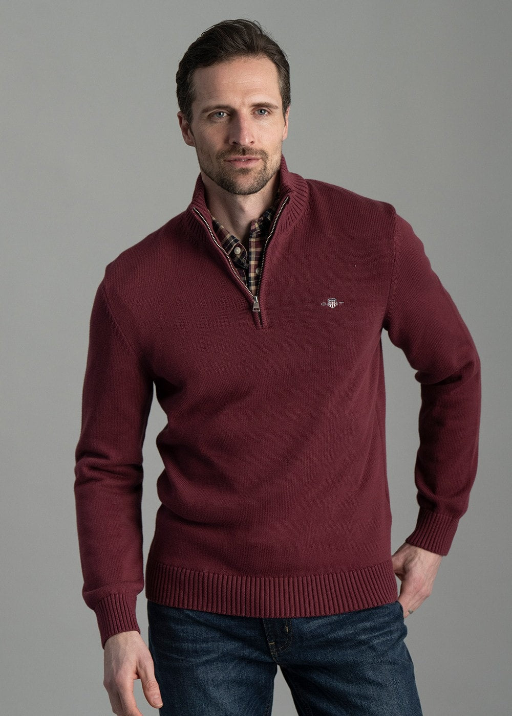 Casual Cotton Half Zip - Wine Red - 1