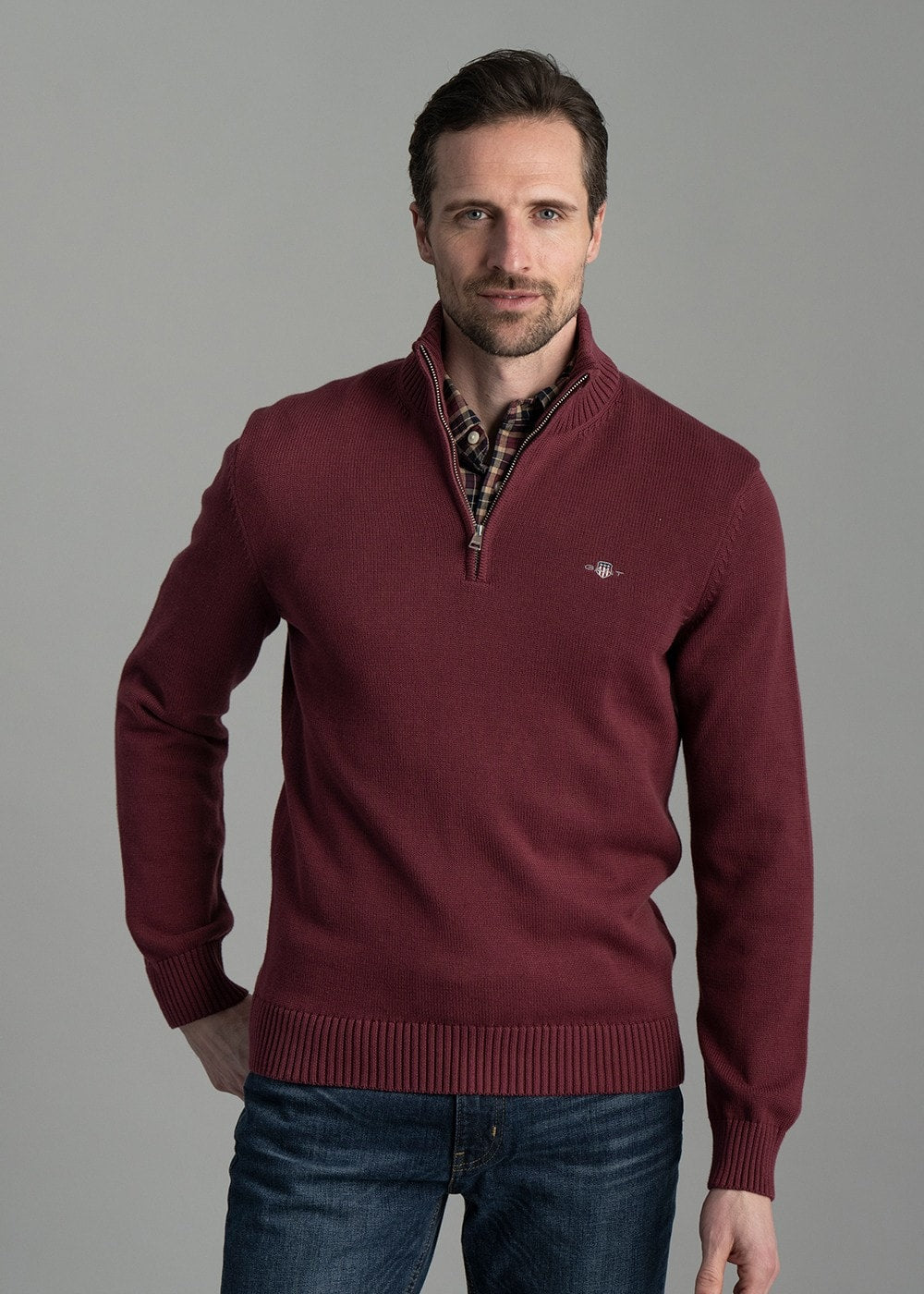 Casual Cotton Half Zip - Wine Red - 2