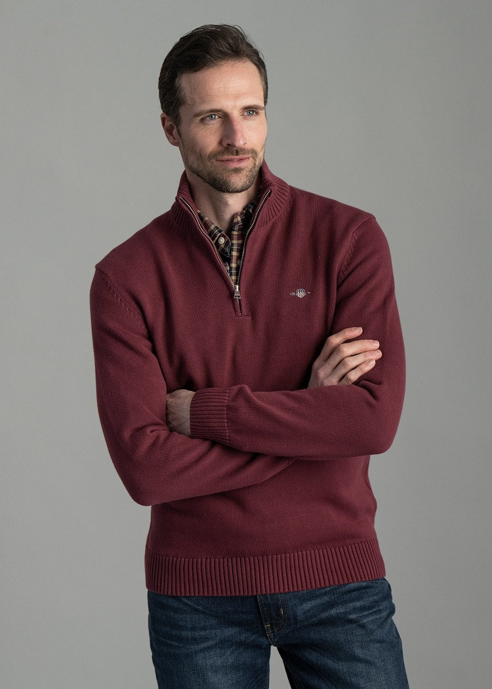 Casual Cotton Half Zip - Wine Red - 3