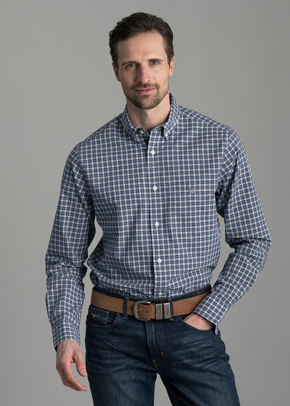 Poplin Small Check Shirt - College Blue - 1