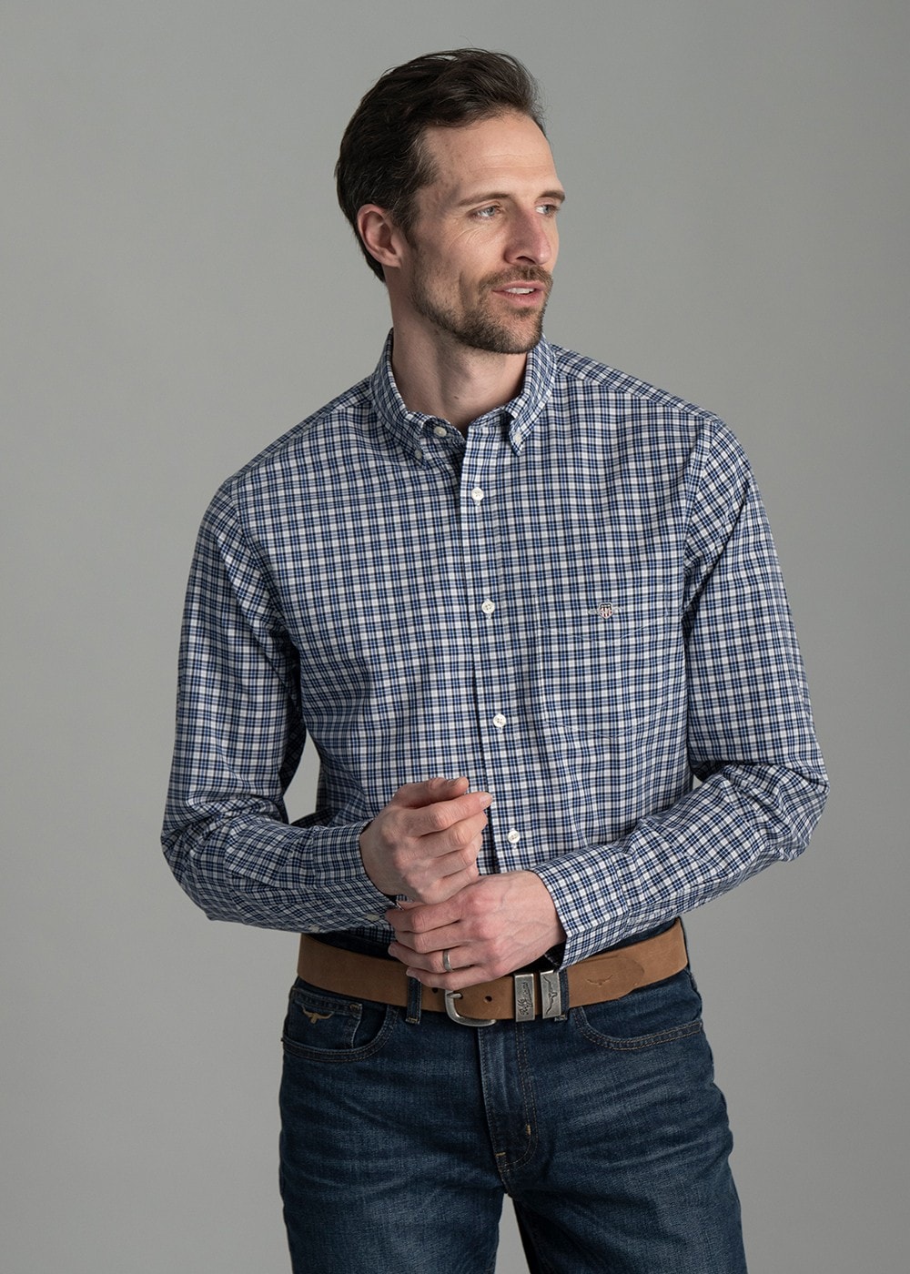 Poplin Small Check Shirt - College Blue - 2