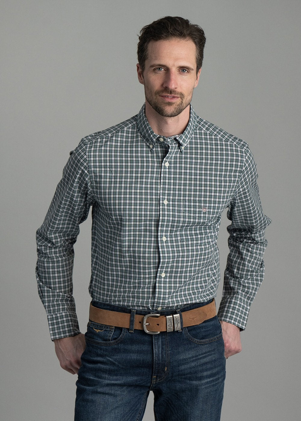 Poplin Small Check Shirt - Deep Forest Green - 1